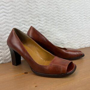 Vtg Banana Republic Open Square Toe Shoes Leather 3 in. Block Heel Sz 7.5 Y2K